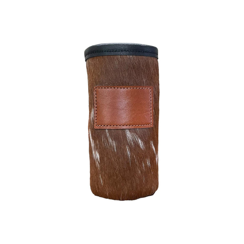 Cowhide Skinny Can Koozie with Customizable Leather Patch