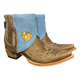 11 Embroidered Brown & Blue Leather Canty Boots® with Heart Inlay