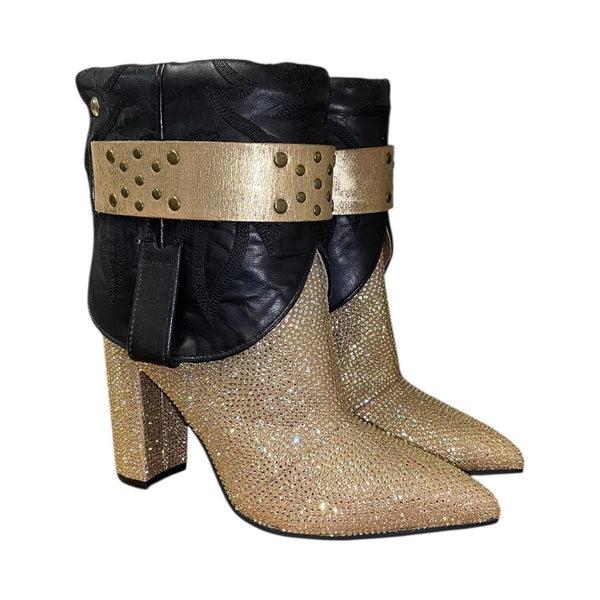 6 Black & Gold Crystals Stacked Heel Canty Boots®