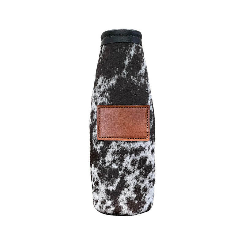 Cowhide Bottle Koozie with Customizable Leather Patch