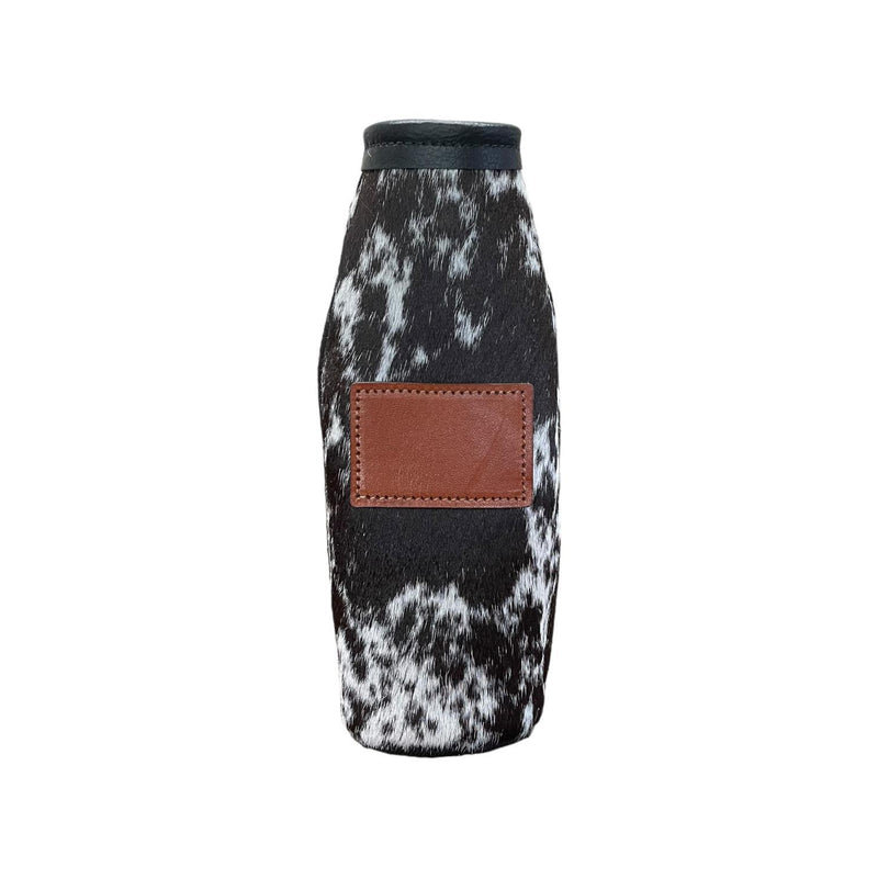 Cowhide Bottle Koozie with Customizable Leather Patch