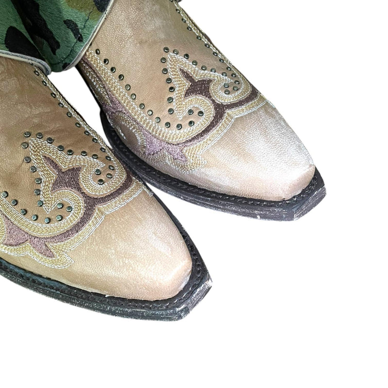 9 Tan Studded & Embroidered with Camo Hair-on Hide Canty Boots®