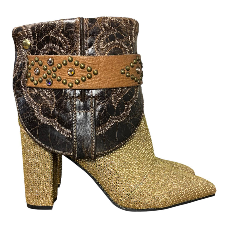 7.5 Brown & Gold Crystals Stacked Heel Canty Boots®