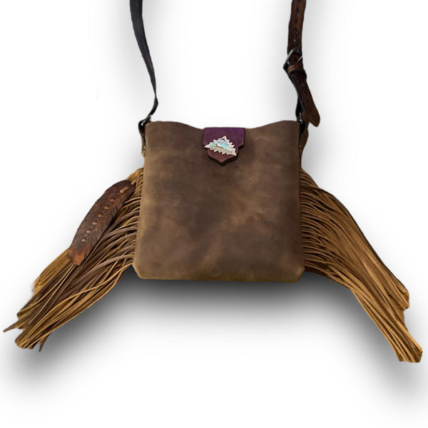 Brown Fringe Crossbody Bag with Turquoise Closure