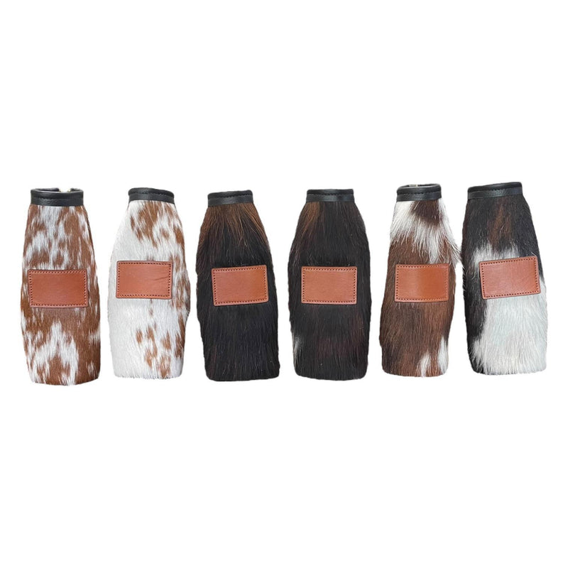 Cowhide Bottle Koozie with Customizable Leather Patch