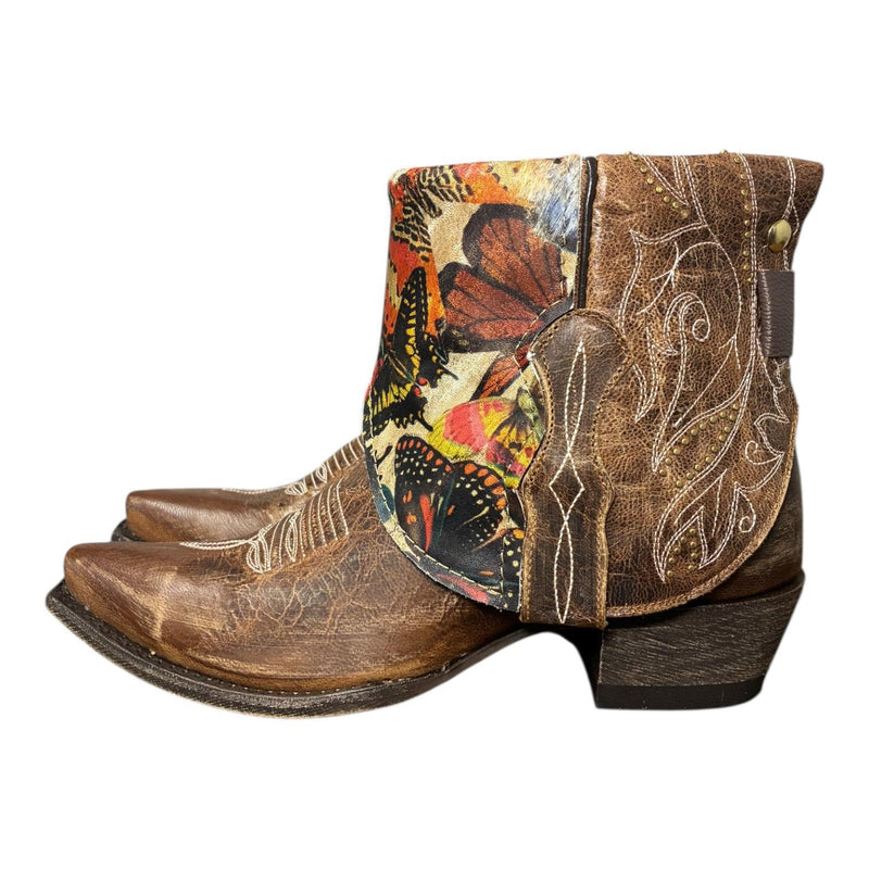 8.5 Studded Brown & Butterfly Printed Hair-on Hide Canty Boots®
