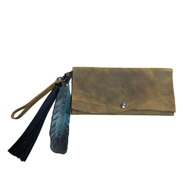 Mustard Yellow Leather Clutch with Leather Feather and Tassel