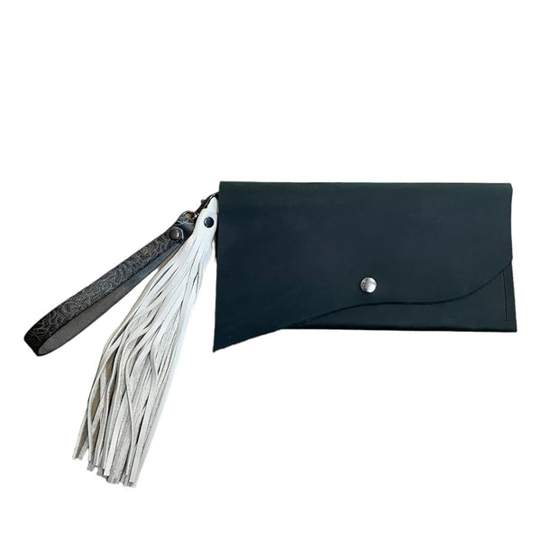 Midnight Green Leather Clutch with White Tassel